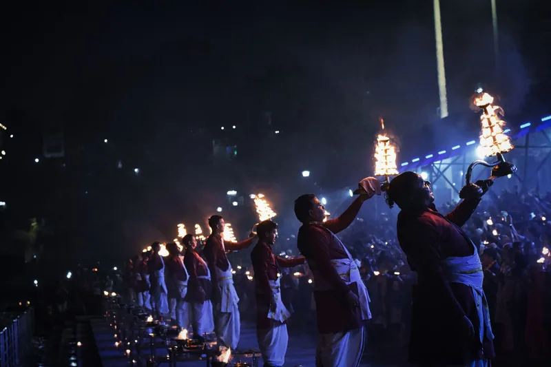 Ganga aarti lamps at Triveni Ghat, Rishikesh at dusk